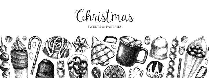 Christmas food background. Christmas market design template. Hand-drawn vector illustration. Hot drinks, candies, cookies, pastries sketches. Winter holiday menu border. Seamless pattern